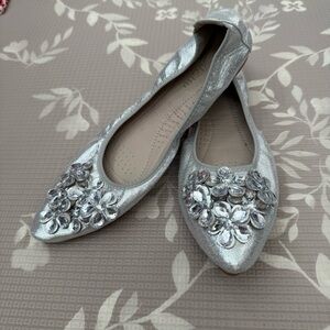 Salvatore Ferragamo Metallic Silver Flats with Gem Accents